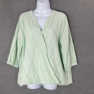 CJ Banks Striped Surplice Blouse 3/4 Sleeve Cotton Top‎ Green Sz 1X